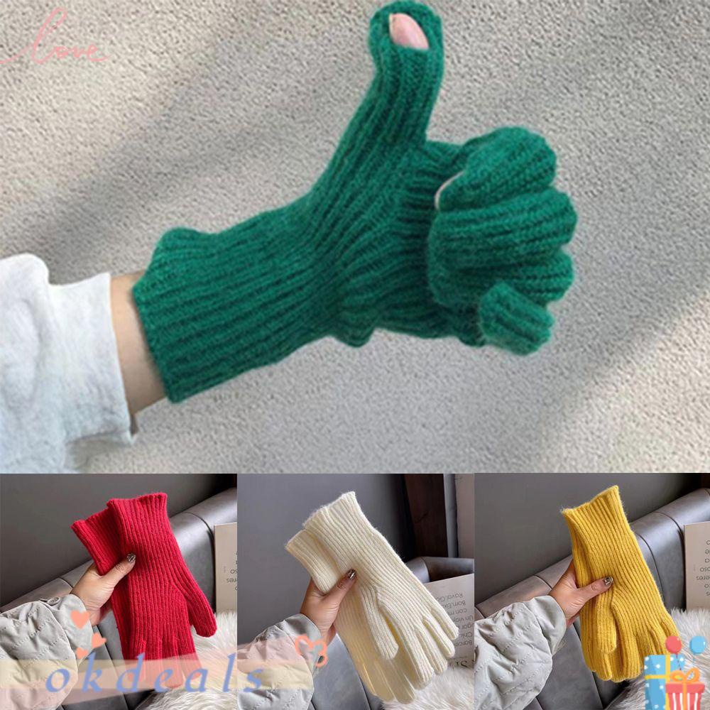 OKDEALS Găng Tay Len Màu Xám Trơn Thời Trang Có Thể Chạm Màn Hình Cảm Ứng Dành Cho Nữ