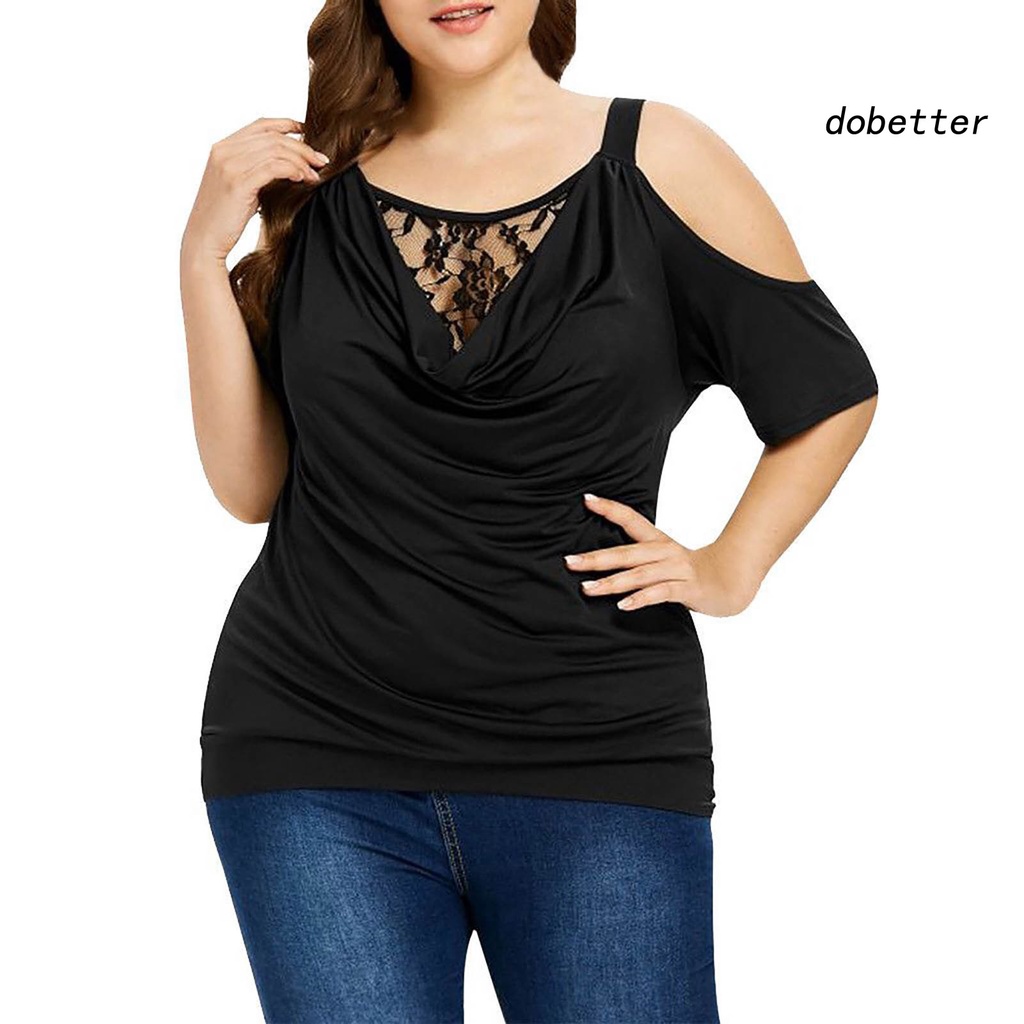 Áo Thun Tay Ngắn Cổ Tròn Màu Trơn Phối Ren Xuyên Thấu Plus Size Thời Trang Mùa Hè Cho Nữ