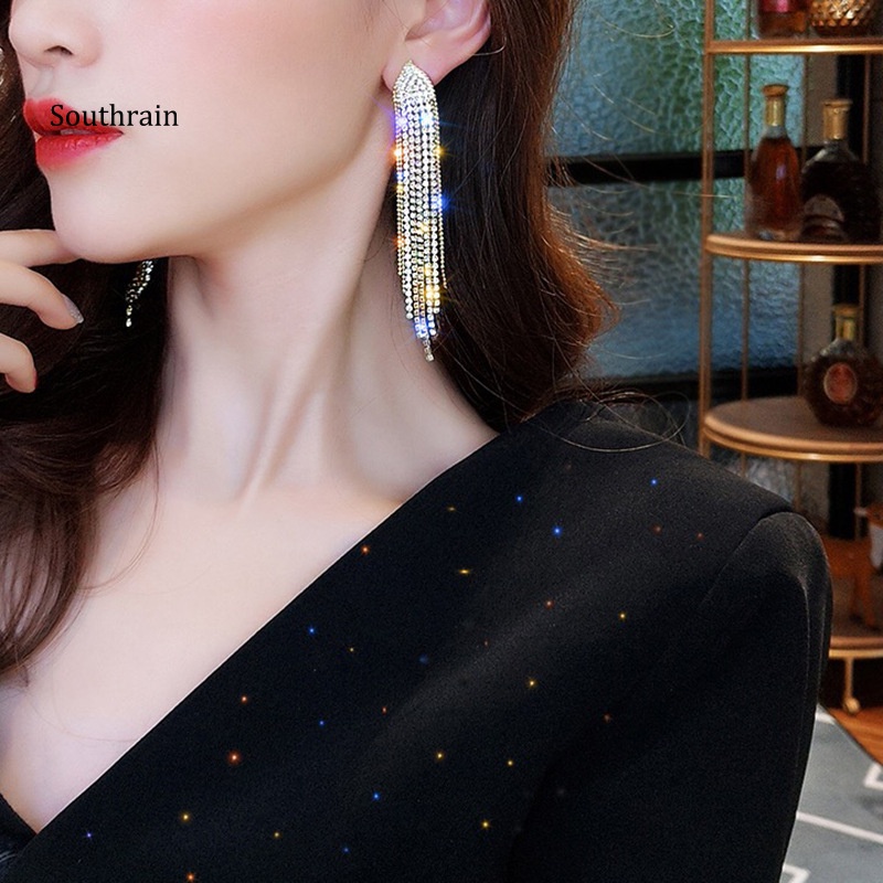 1 Đôi Bông Tai Dáng Dài Đính Đá Lấp Lánh Thời Trang Cho Nữ