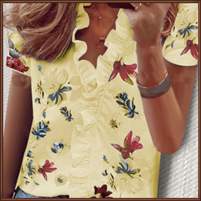 Áo Kiểu Tay Ngắn Cổ Chữ V In Họa Tiết Hoa Thanh Lịch Dành Cho Nữ