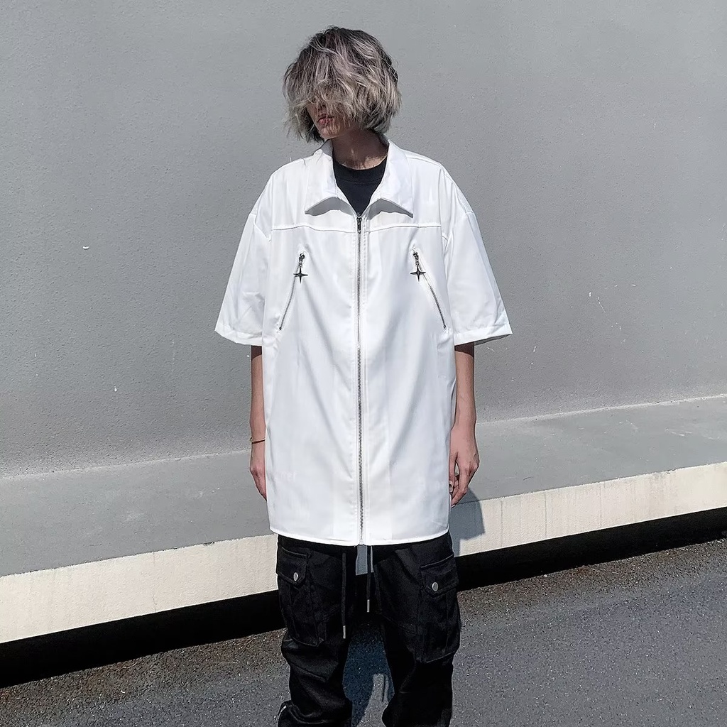 Áo Sơ Mi Tay Ngắn Màu Đen Có Khóa Kéo Dáng Rộng Phong Cách Đường Phố Mỹ Cá Tính Cho Nam