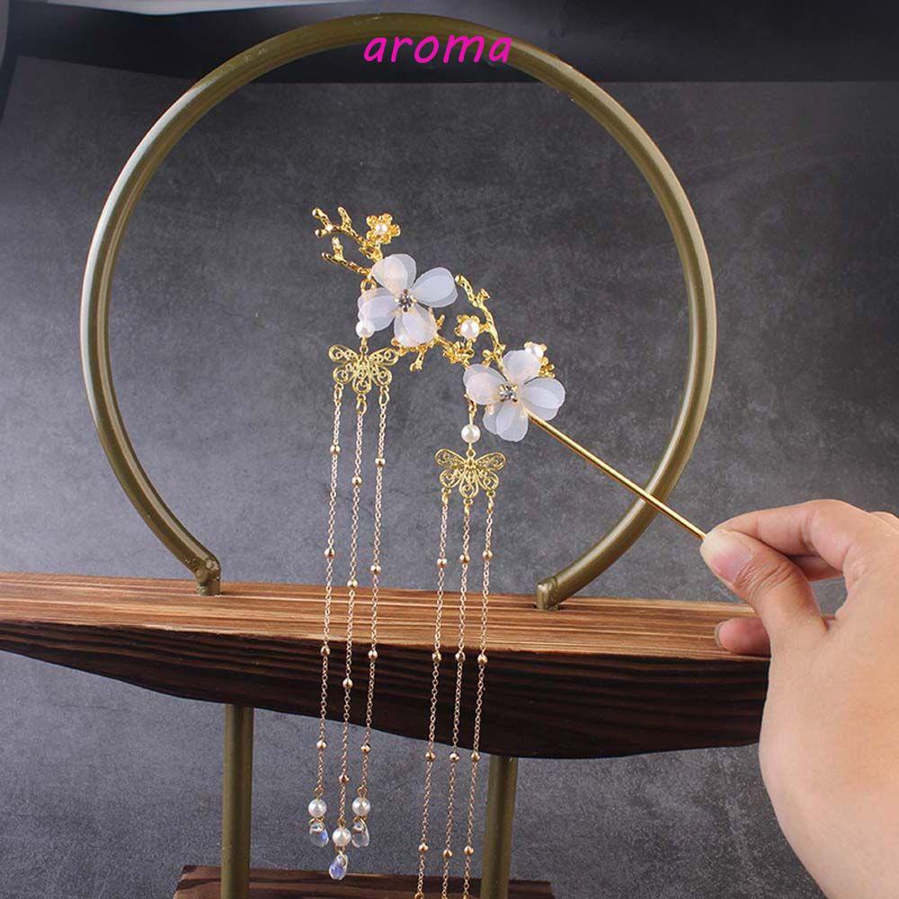 Trâm Cài Tóc Hình Hoa / Bướm Phối Tua Rua Phong Cách Trung Hoa|Nĩa Đính Hạt Trang Trí Tóc Xinh Xắn