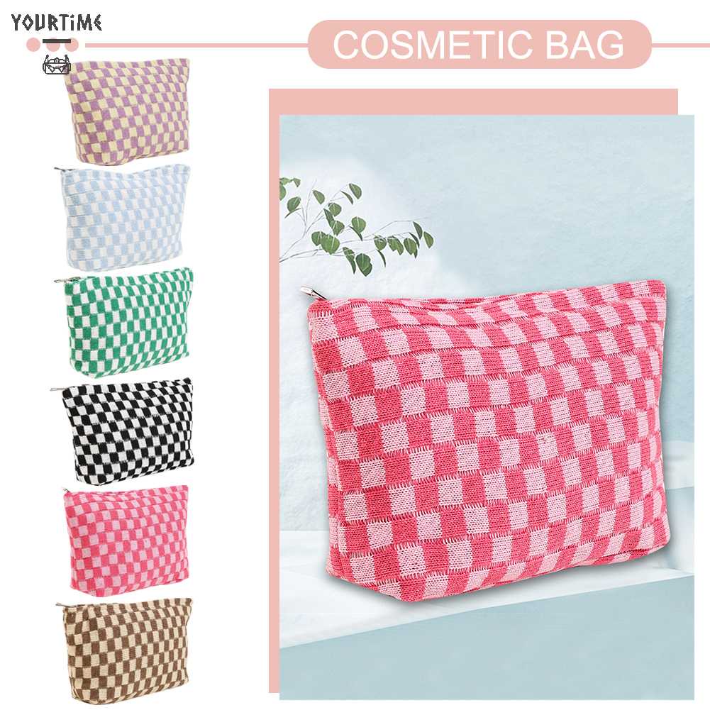 Túi Đựng Mỹ Phẩm Sức Chứa Lớn Họa Tiết Sọc Caro Xinh Xắn Tiện Dụng