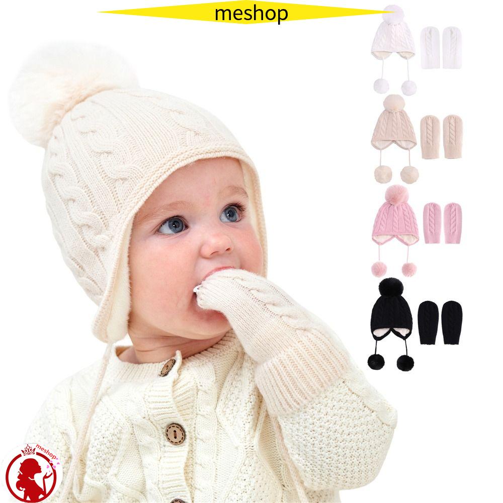 Me Set Găng Tay Và Mũ Len Lót Lông Giữ Ấm Cho Trẻ Mới Biết Đi