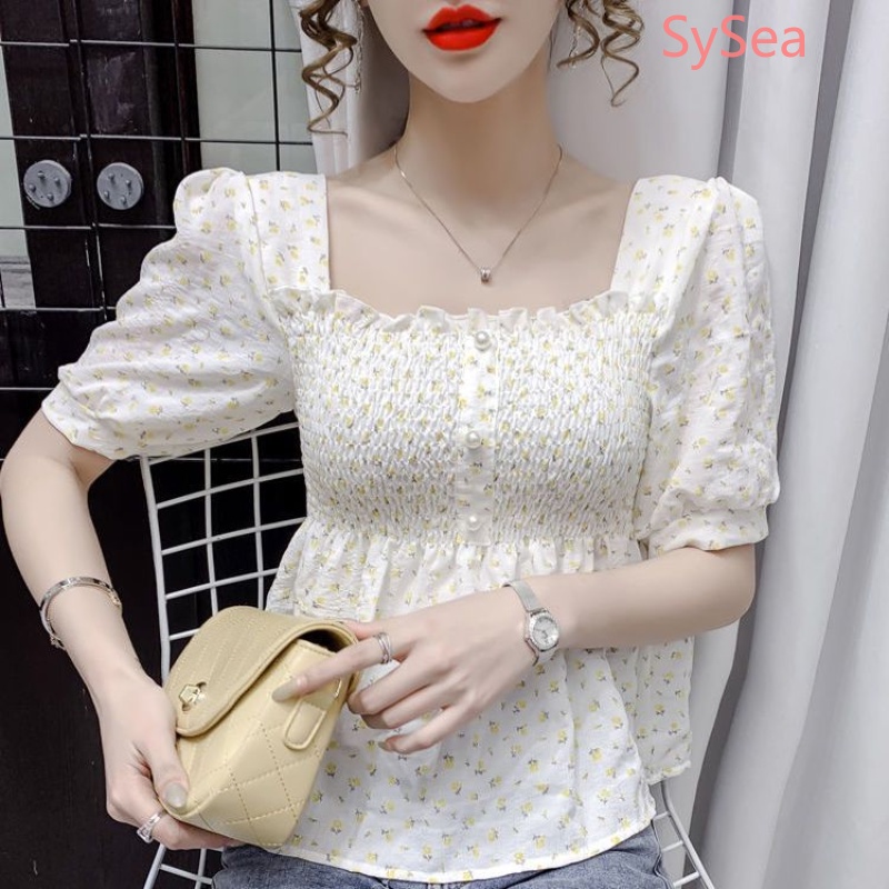 Áo Kiểu Cổ Vuông Họa Tiết Hoa Xinh Xắn Thời Trang Mùa Hè Cho Nữ