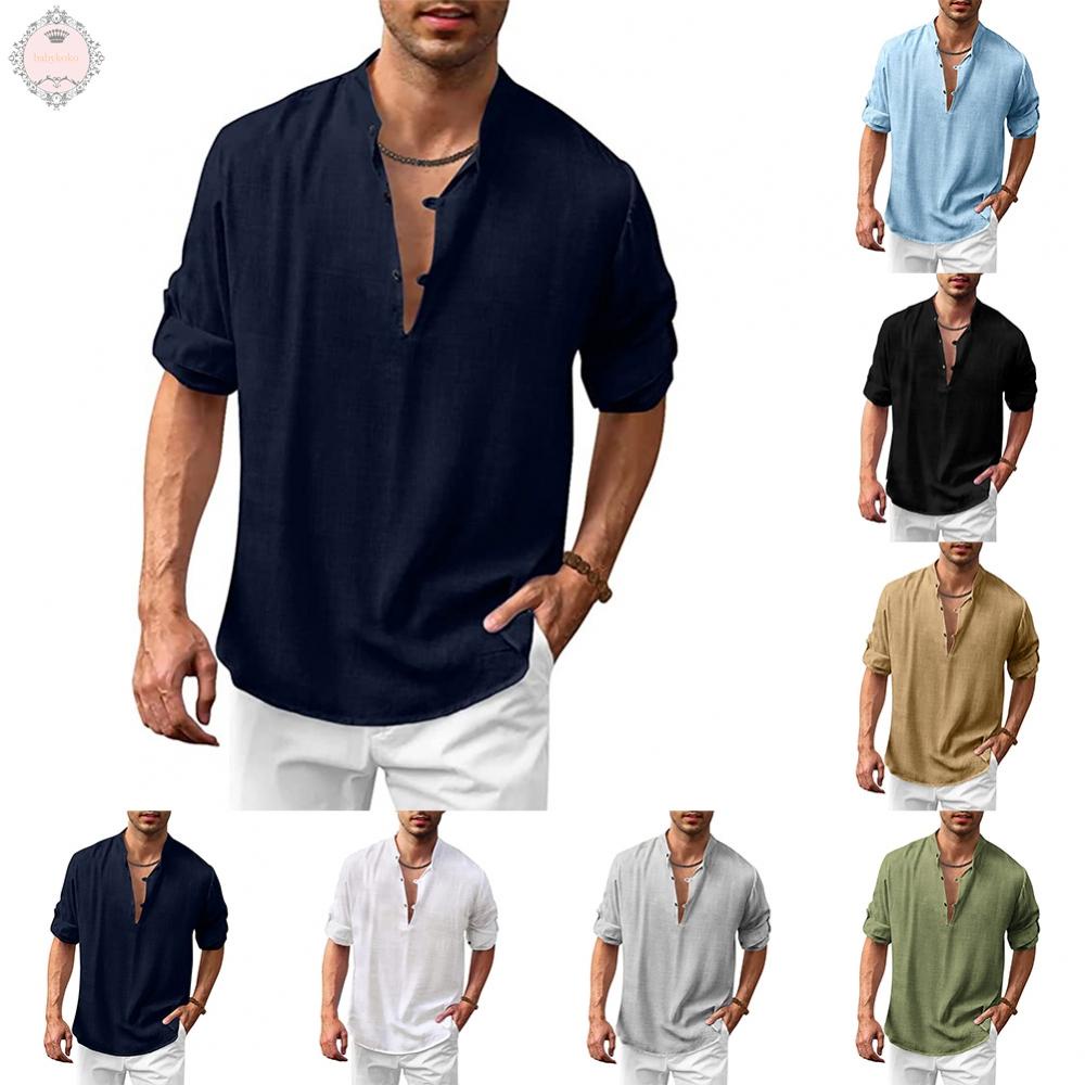 Comfortable Cotton Blend Men's Button Down Henley V Neck Long Sleeve Loose Shirt Tops