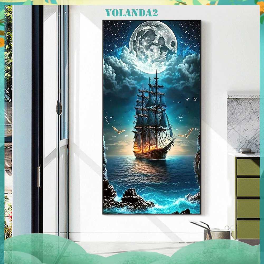 Tranh Đính Đá Kim Cương Toàn Bộ 5D DIY Hình Vẽ Thuyền Buồm Trang Trí Nhà Cửa