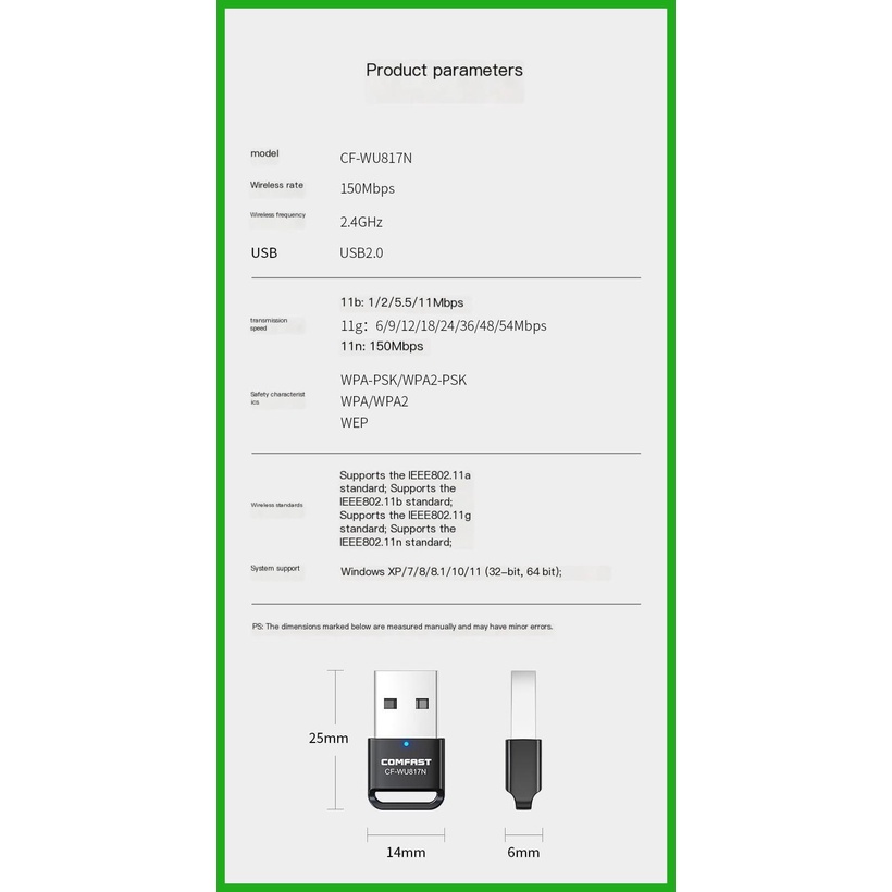 Thẻ Mạng Không Dây COMFAST CF-WU817N mini Đa Năng Cho Máy Tính