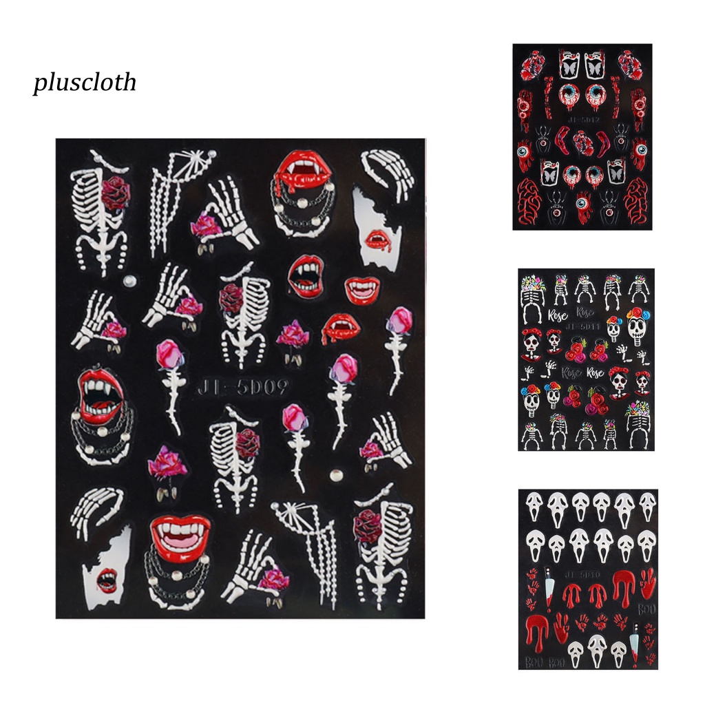 &lt; Plusclothing &gt; Nhãn Dán Móng Tay Dạng Trượt In Họa Tiết Kinh Dị Chống Nước Không Phai Màu Tự Dính Bằng Nhựa Resin Máu Đầu Lâu