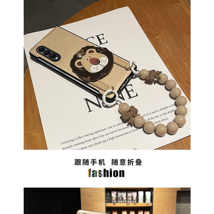 Bao Da Điện Thoại Hình Sư Tử Đính Hạt Vàng Sang Trọng Cho samsung galaxy z fold 5 4 3 2 5g Ốp