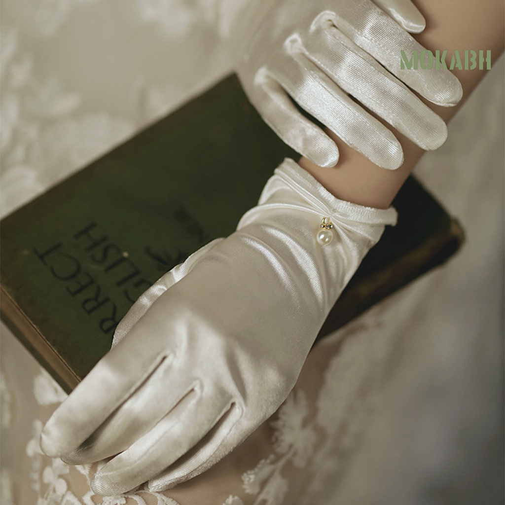 1 Cặp Găng Tay Satin Ngắn Màu Trơn Đính Ngọc Trai Giả Trang Trí Cho Cô Dâu