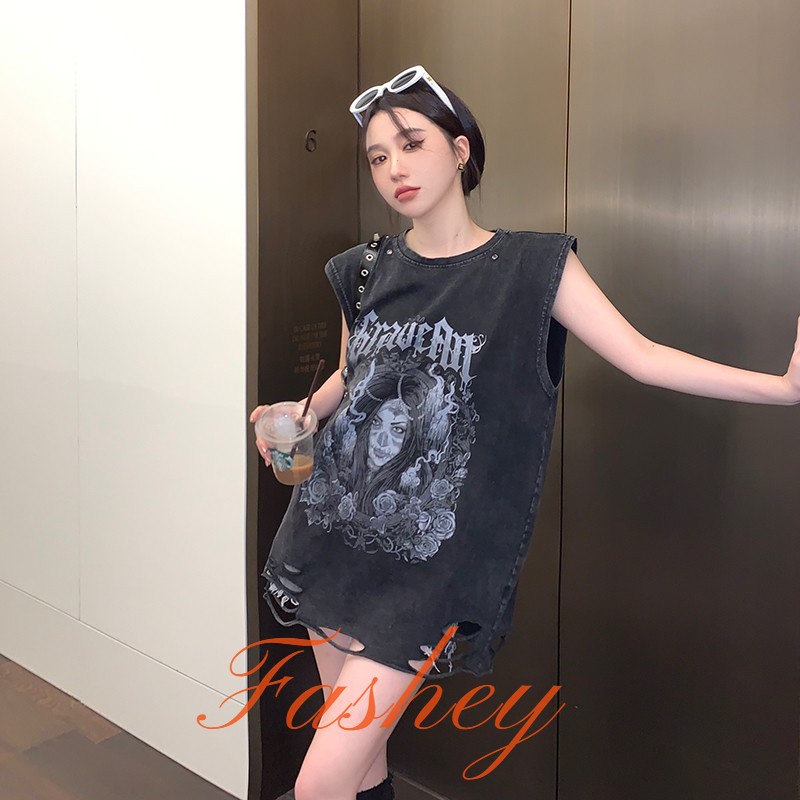 Áo thun sát nách  dáng rộng phong cách đường phố Mỹ cá tính cho nữ