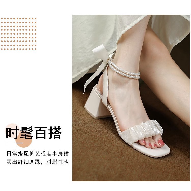 Duoya Tóc Thẳng ~ [Hàng Có Sẵn] Sandal Cao Gót Hở Ngón Đính Nơ Và Ngọc Trai Cho Nữ Miễn Phí Vận Chuyển