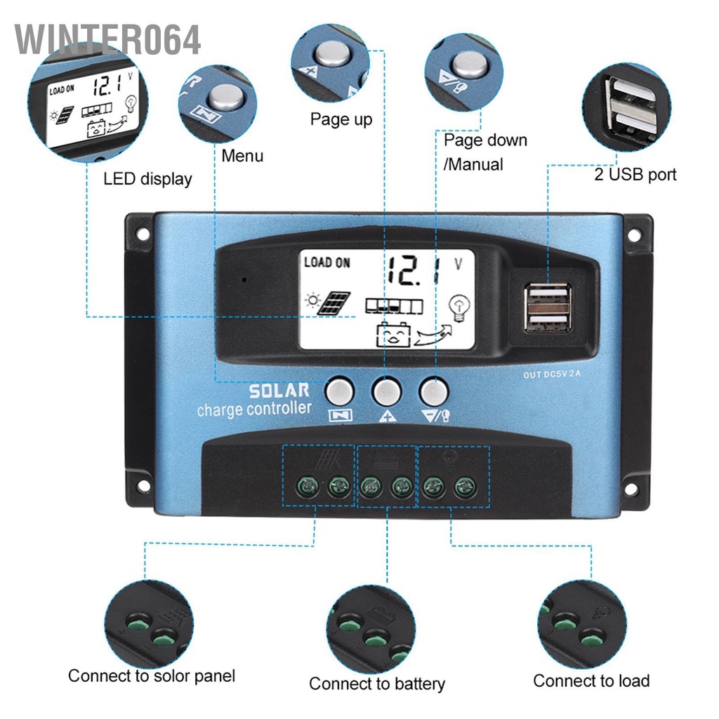 Winter064 Bộ điều khiển sạc năng lượng mặt trời MPPT 40/50/60/100A Màn hình LCD kép USB 12V 24V