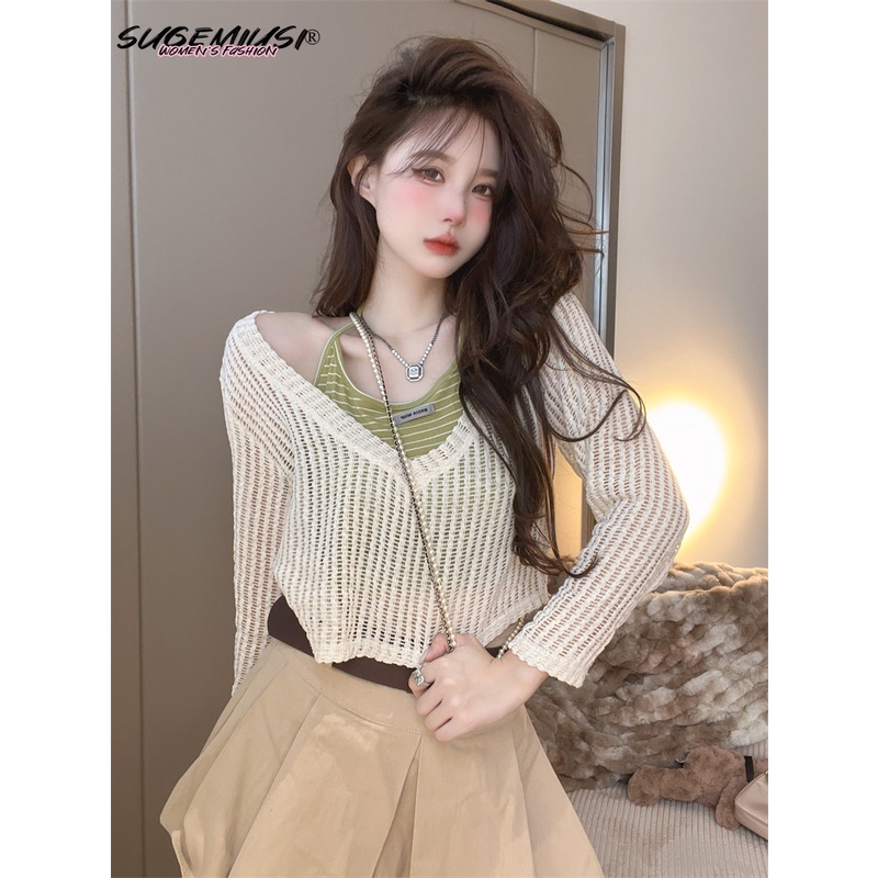 Set Áo Dây Nữ Cộc Tay Cổ Tròn + Áo Khoác Ngoài Dài Tay Cổ Bẻ Thời Trang Nữ