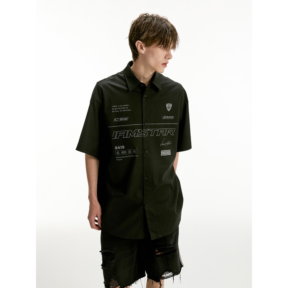 [Luhu Same Style] Áo Sơ Mi Đen Tay Ngắn In Hình Thiết Kế Xây Dựng Đường Phố Mùa Hè