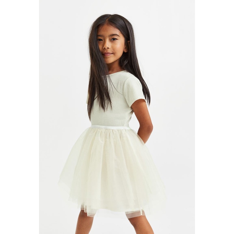 Đầm thun phối voan H&M ngắn tay