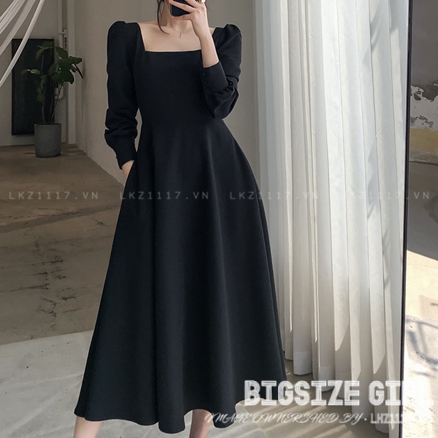 Váy đầm nữ Bigsize Đầm dự tiệc sang trọng dáng xoè tay dài cổ vuông đen mùa xuân Phong cách Hàn Quốc Thời Trang đẹp