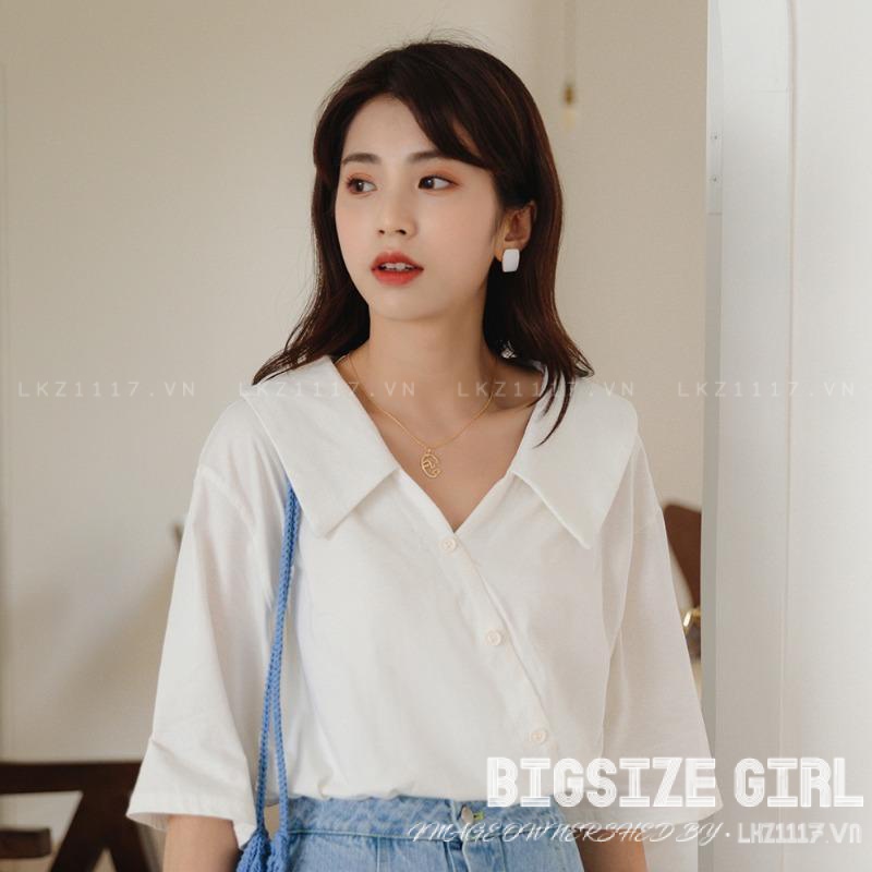 Áo sơ mi nữ Bigsize áo công sở nữ basic form rộng tay ngắn cổ chữ v mùa hè Phong cách Hàn Quốc Thời Trang cá tính xinh đẹp cho người mập béo nữ