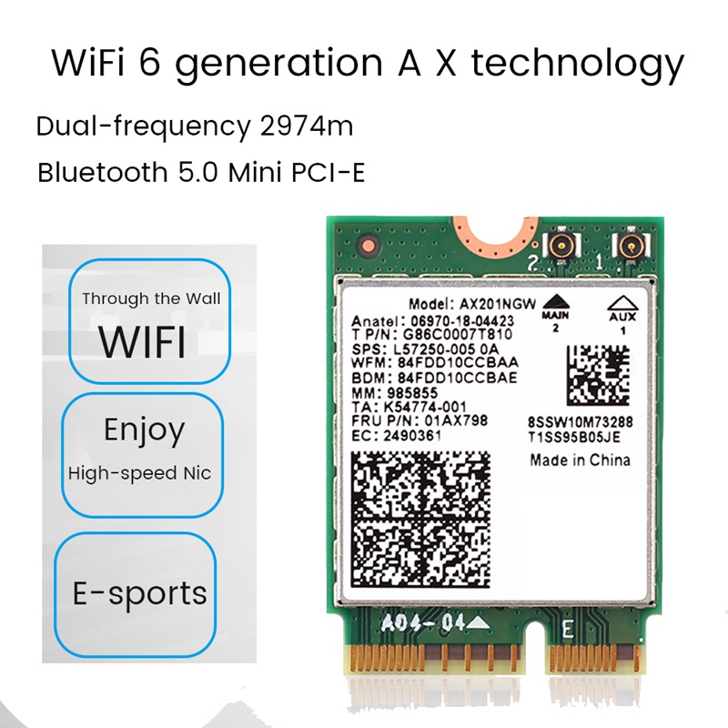 Thẻ Mạng Wifi 6 AX201 AX201NGW AX201 Bluetooth 5.0 Băng Tần Kép 2.4G / 5G AX201NGW 2.4Ghz / 5Ghz 802.11Ac / AX201NGW