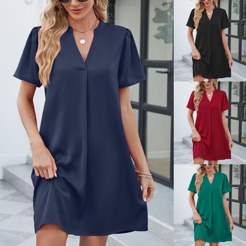 Đầm Tay Ngắn Cổ Chữ V Màu Sắc Đơn Giản Thời Trang Mùa Hè Xinh Xắn Cho Nữ