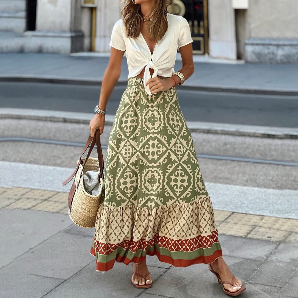 Chân Váy Chữ A Lưng Thun Viền Bèo In Họa Tiết Hình Học Sành Điệu Cho Nữ