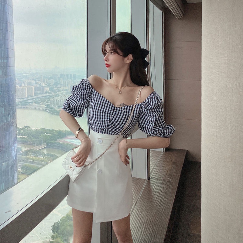 Bộ Áo Tay Phồng Trễ Vai + Chân Váy Ngắn Lệch Tà Thời Trang Mùa Hè 2023 Phong Cách Mới Cho Nữ