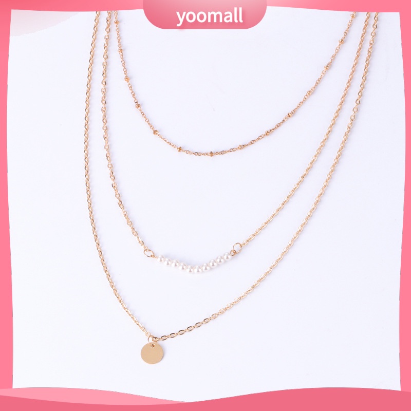 [YM] Vòng cổ Ba Lớp Đính Kim Sa Ngọc Trai Phụ Kiện Xương Ngắn