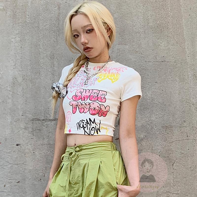 Áo Thun Croptop Tay Ngắn Dáng Ôm In Họa Tiết Hoạt Hình Và Chữ Cá Tính Cho Nữ