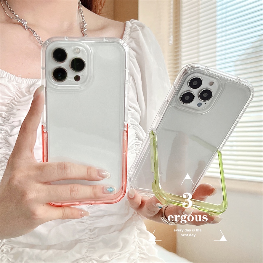 Ốp Điện Thoại Mềm Trong Suốt Màu Trơn Có Giá Đỡ Ẩn Cho iPhone 11 12 13 14 Pro Max