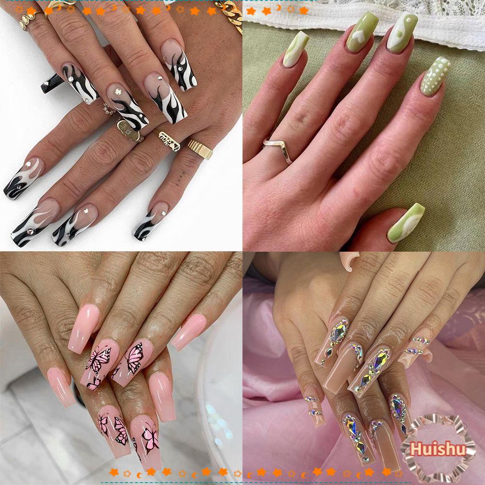 HS Bộ 24 Móng Tay Giả Che Phủ Toàn Diện Họa Tiết Bướm Lửa