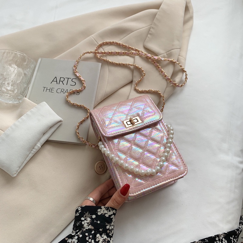 Túi Đeo Chéo Vai Mùa Hè 2023 AC2433 Dáng Vuông Nhỏ Thêu Họa Tiết Đính Hạt Ngọc Trai Có Khóa