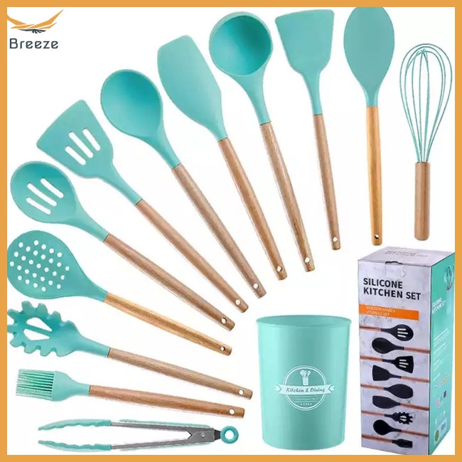 Bộ 12 Dụng Cụ Nấu Ăn Bằng Gỗ Sồi Chống Dính Kèm Hộp Đựng