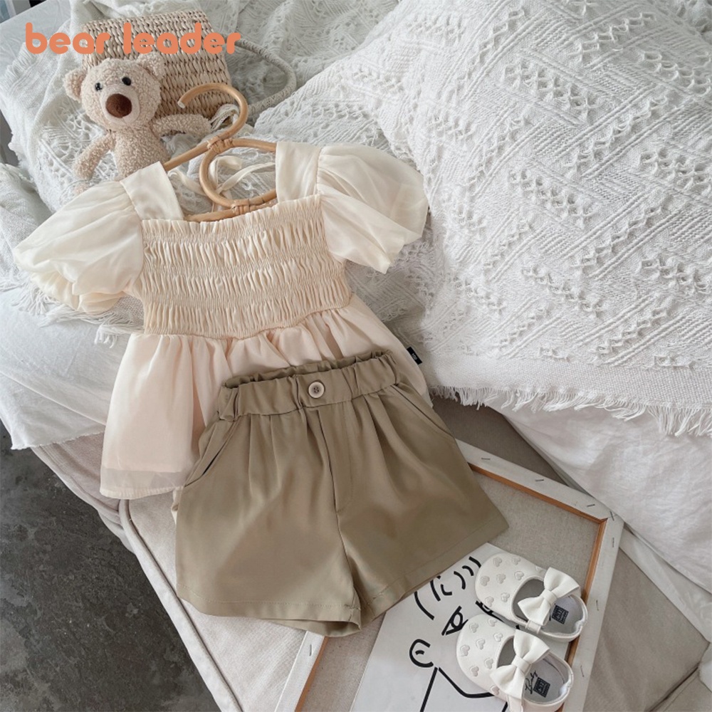 BEAR LEADER Set Đồ 2 Món Gồm Áo Tay Phồng Ngắn Phồng In Họa Tiết Chú Gấu + Quần Kaki Ngắn Cho Bé Gái 2-7 Tuổi