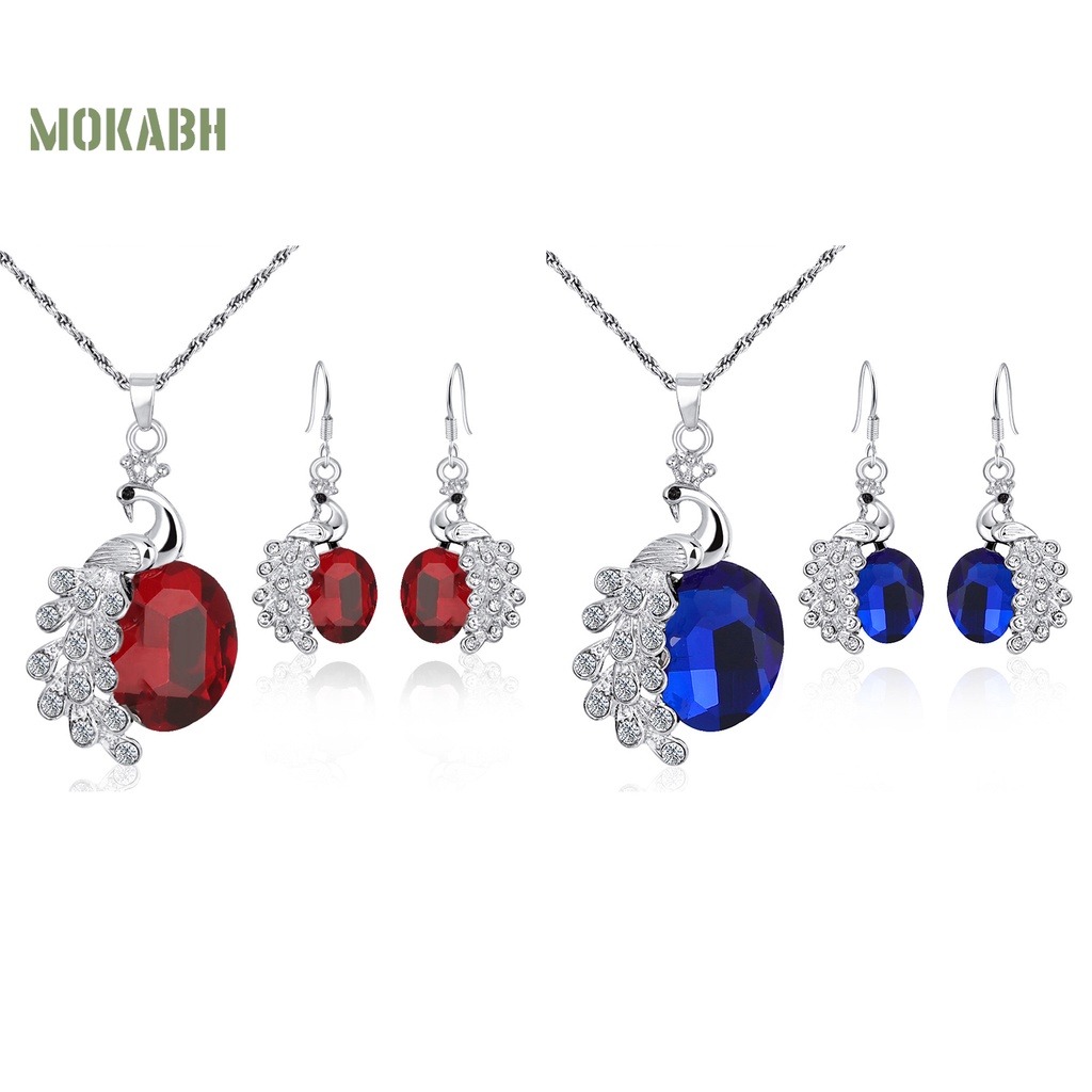 Bộ 2 Vòng cổ + Bông Tai Hình Chim Công Đính Đá Lấp Lánh