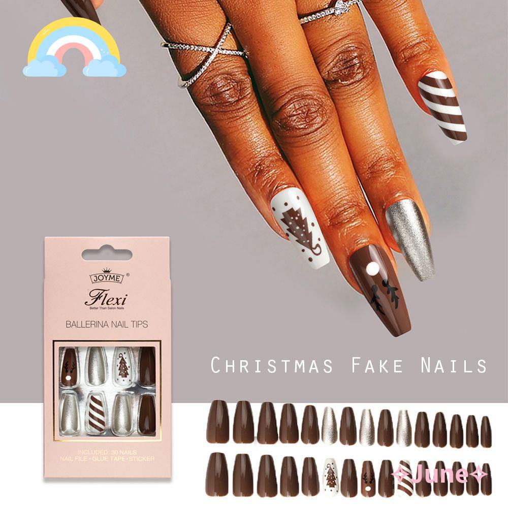 JUNE Bộ 30 Móng Tay Giả Che Phủ Toàn Diện Họa Tiết Bông Tuyết Giáng