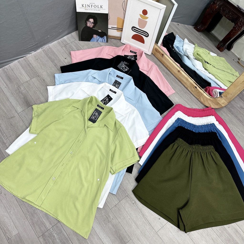 Set Sơ Mi Bigsize Tay Ngắn Có Nút Eo, Bộ Áo Sơ Mi Kèm Quần Đùi Phom Rộng Hot Trend SET40