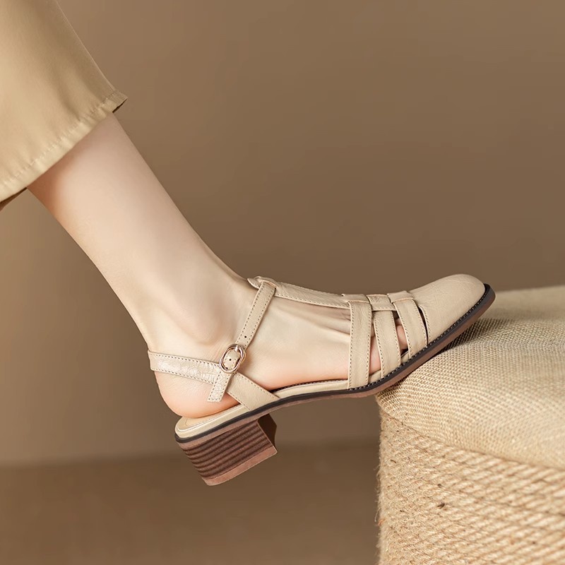 Duoya Tóc Thẳng ~ [Hàng Có Sẵn] Giày Sandal Gót Dày Bằng Da Mềm Hở Ngón Phong Cách Roman Cho Nữ Miễn Phí Vận Chuyển