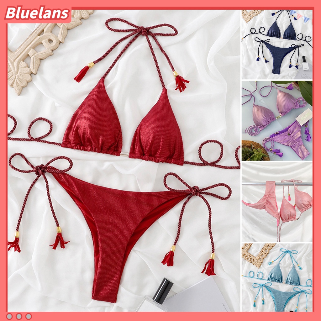 Bộ Đồ Bơi 2 Mảnh Vải Mềm Màu Trơn Có Mút Đệm Dành Cho Nữ