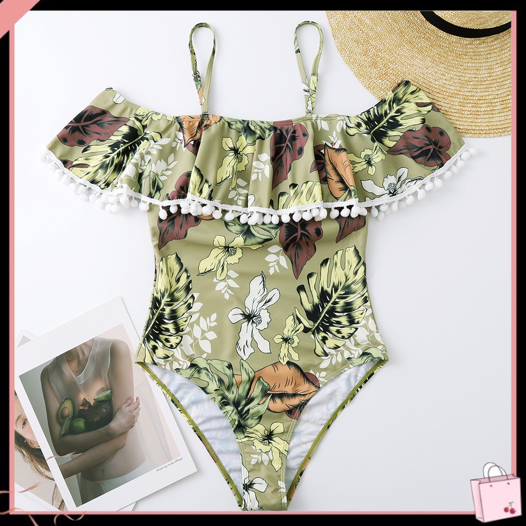 {Soltweter} Đồ Bơi Bằng Polyester Mềm Co Giãn In Họa Tiết Lá Diềm Xếp Nếp Cho Nữ