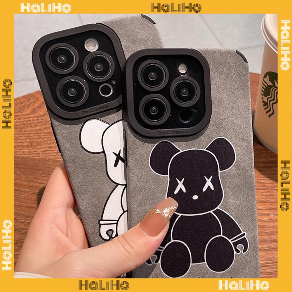 Ốp lưng iPhone 11 Ốp Lưng Da Veneer Màu Xám Vỏ Lông Học Trò Vỏ Mềm Chống Sốc Màu Trắng Cổ Điển Hình Gấu Hoạt Hình Tương thích với iPhone 14 Pro max 13 Pro max 12 Pro Max XR XS 7Plus 8Plus