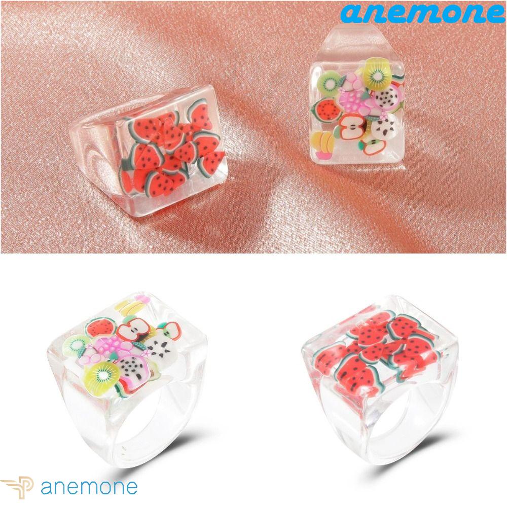 Vòng Nhẫn Resin Trong Suốt 2cm Hình Vuông Họa Tiết Trái Cây Dễ Thương Dành Cho Trẻ Em