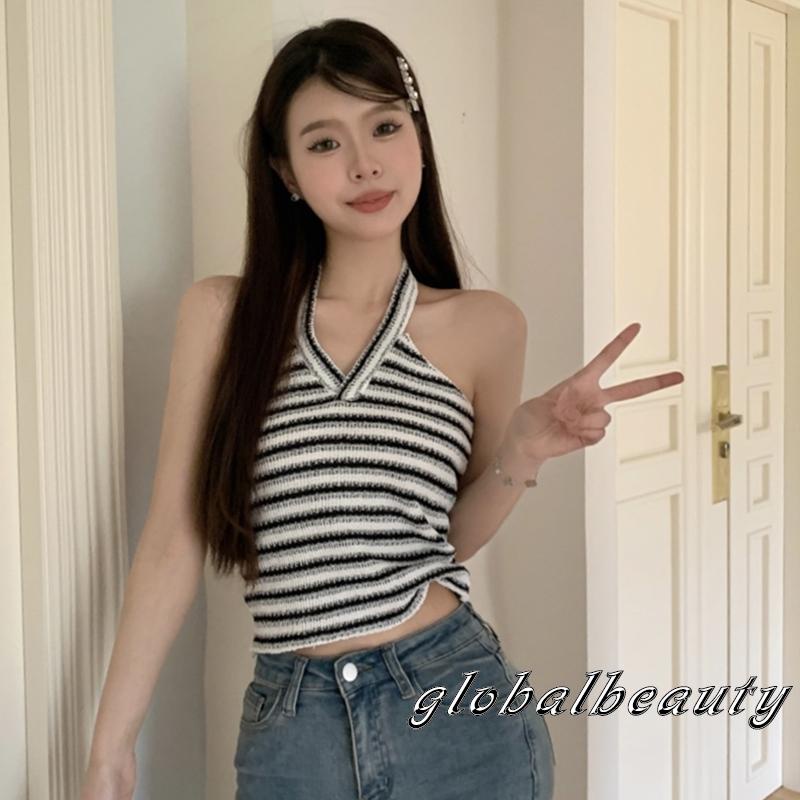 Áo Croptop Hai Dây Hở Lưng Họa Tiết Kẻ Sọc Thời Trang Mùa Hè Cho Nữ