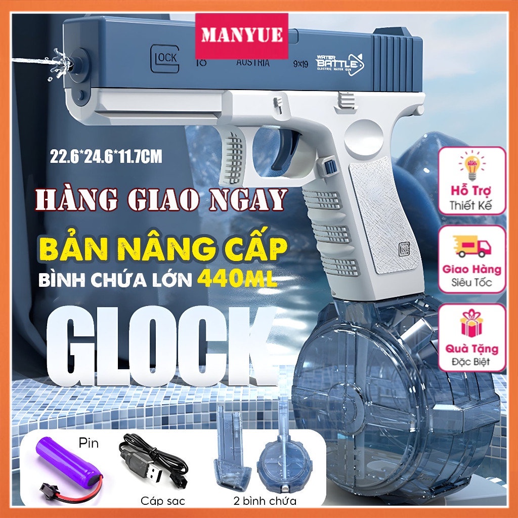 Đồ chơi súng phun nước điện tử tự động Glock cơ tay MANYUE đồ chơi mùa hè dành cho bé vận động ngoài trời tầm xa 8-10m có tặng kèm cáp sạc