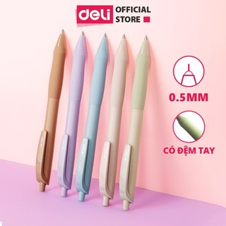 Bút bi bấm văn phòng mực đen ngòi 0.5mm Deli viết nét đều trơn tru cho học sinh có đệm tay cao su màu pastel