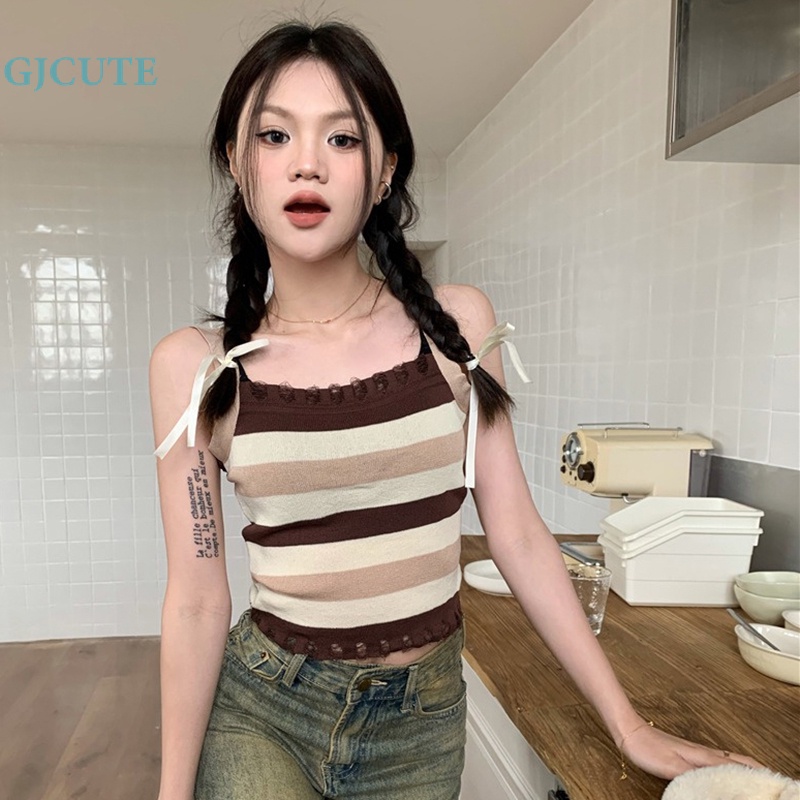 Áo Hai Dây Dệt Kim Kẻ Sọc Dáng Ôm Gợi Cảm Thời Trang Mùa Hè Cho Bạn Gái