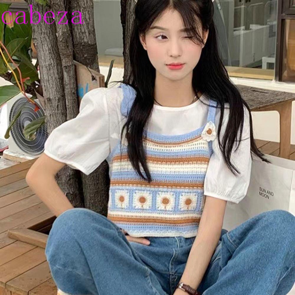 CABEZA Áo Hai Dây Dệt Kim Hở Lưng Họa Tiết Hoa Retro Cho Nữ