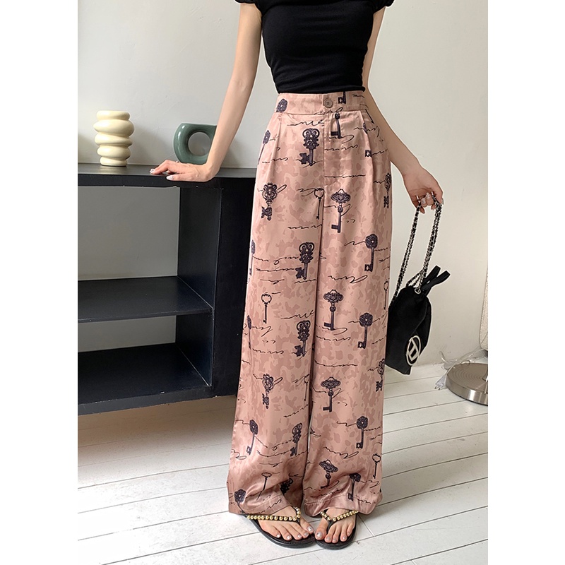 Quần Dài Vải Satin Ống Rộng Lưng Cao In Họa Tiết Vintage Thời Trang Mùa Hè Cho Nữ