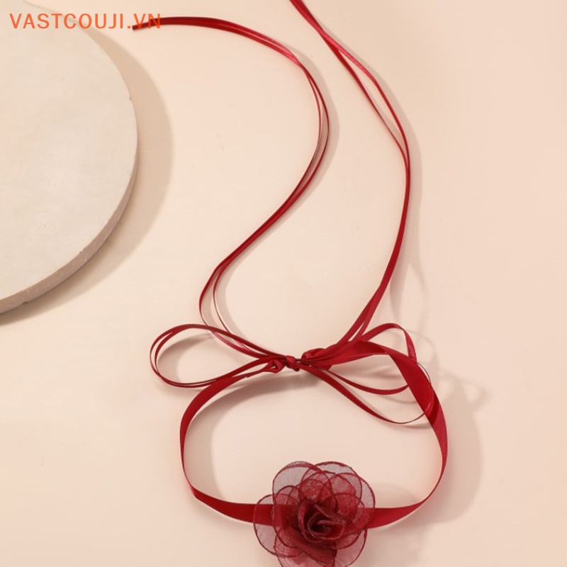 Vòng Cổ Choker Mặt Hoa Trà Thắt Nơ Phong Cách Vintage Cho Nữ