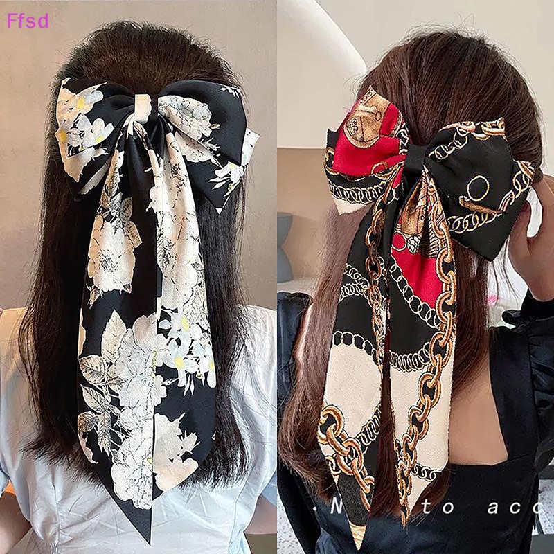 {Ffsd} Kẹp Tóc Nơ Dài In Hoa Thời Trang Cá Tính Dành Cho Nữ * Bán Chạy